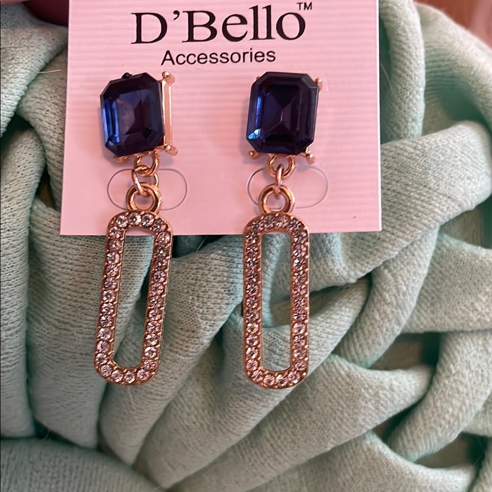 Blue and Goldtone Drop Earrings with Geometric Design